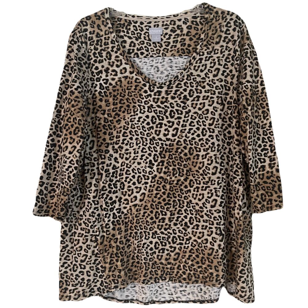 Chico’s Leopard Print Top, Cotton Blend, 3/4 Length Sleeves, Chico's Size 3 (XL)